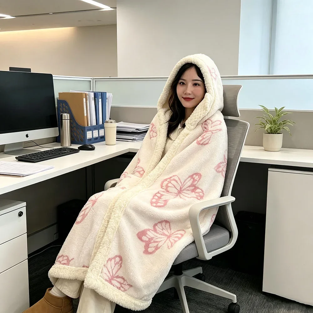 Butterfly Print Wearable Hooded Soft Blanket with Gloves Cloak Blanket Fleeces Poncho Warm Throw Blankets for Sofa Office Winter
