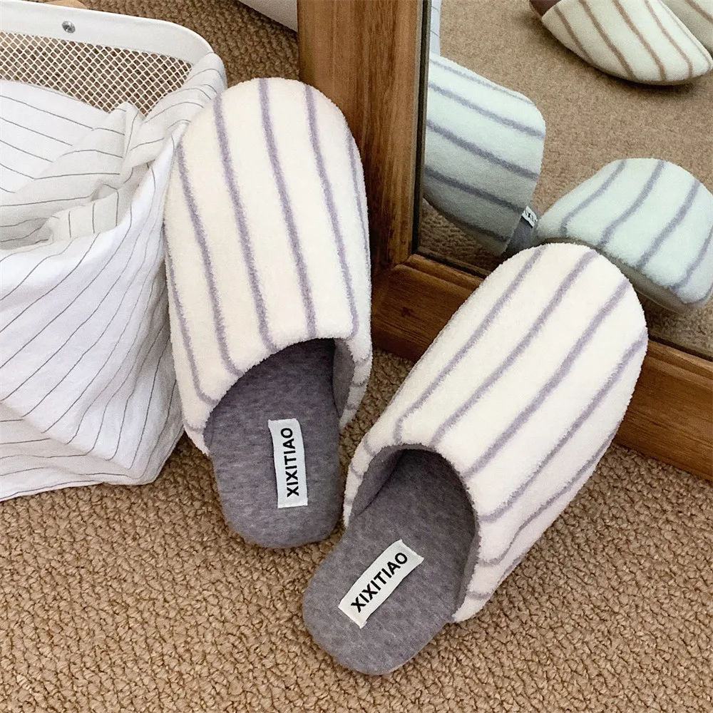 Unisex Striped Cotton Slippers Soft Comfortable Warm Autumn Winter Bedroom Home Slippers with Bag Head Fun Household Footwear