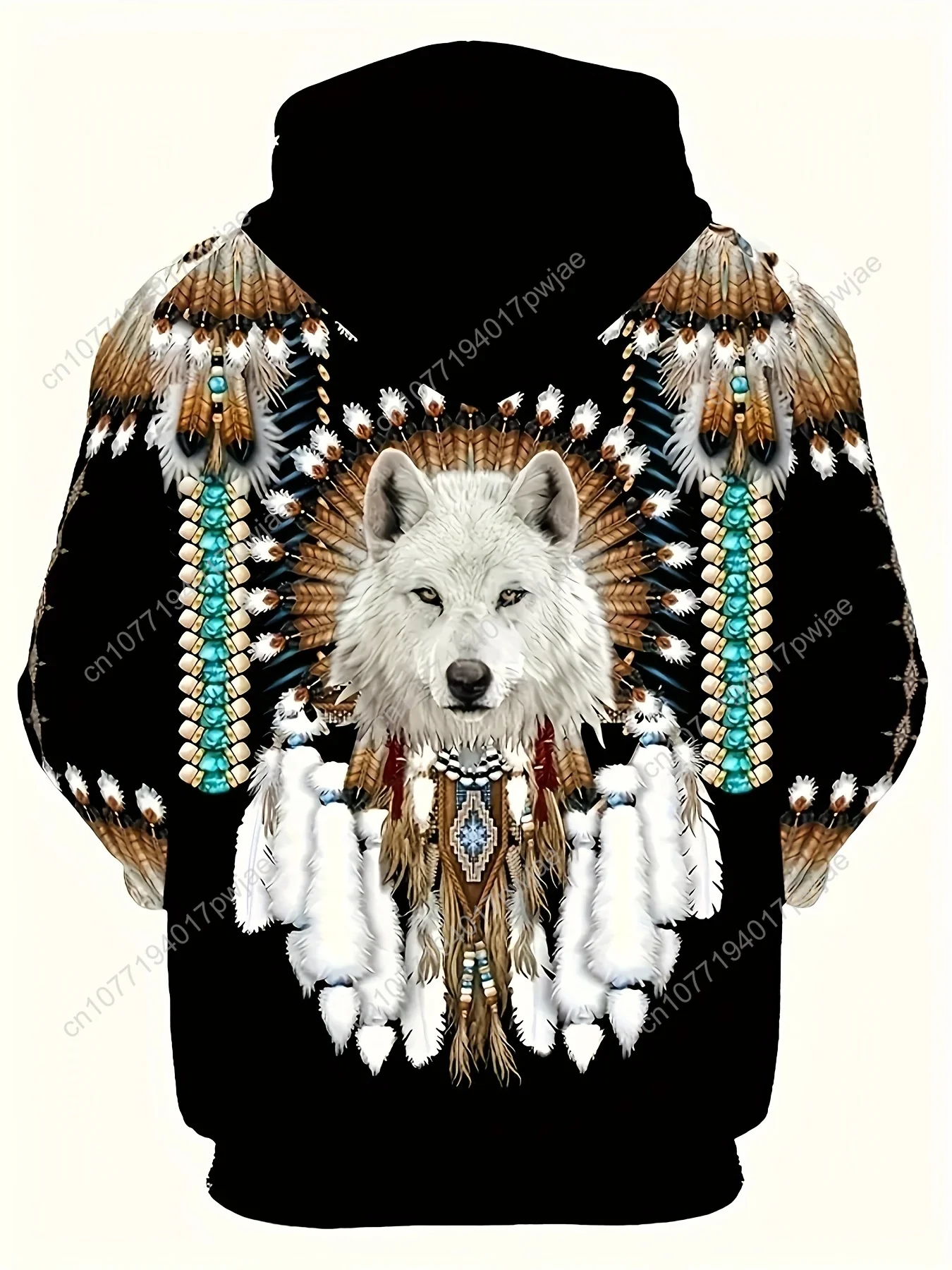 Felpa con cappuccio da uomo alla moda con stampa grafica lupo - Abbigliamento da esterno casual con tasca a marsupio con cappuccio a maniche lunghe e morbido pile