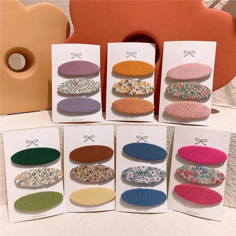 

3 Pcs New Korean Sweet Girl Princess Fashion Fabric Oval Hairpins Children's Simple Small Fresh Floral BB Clip Hair Accessories