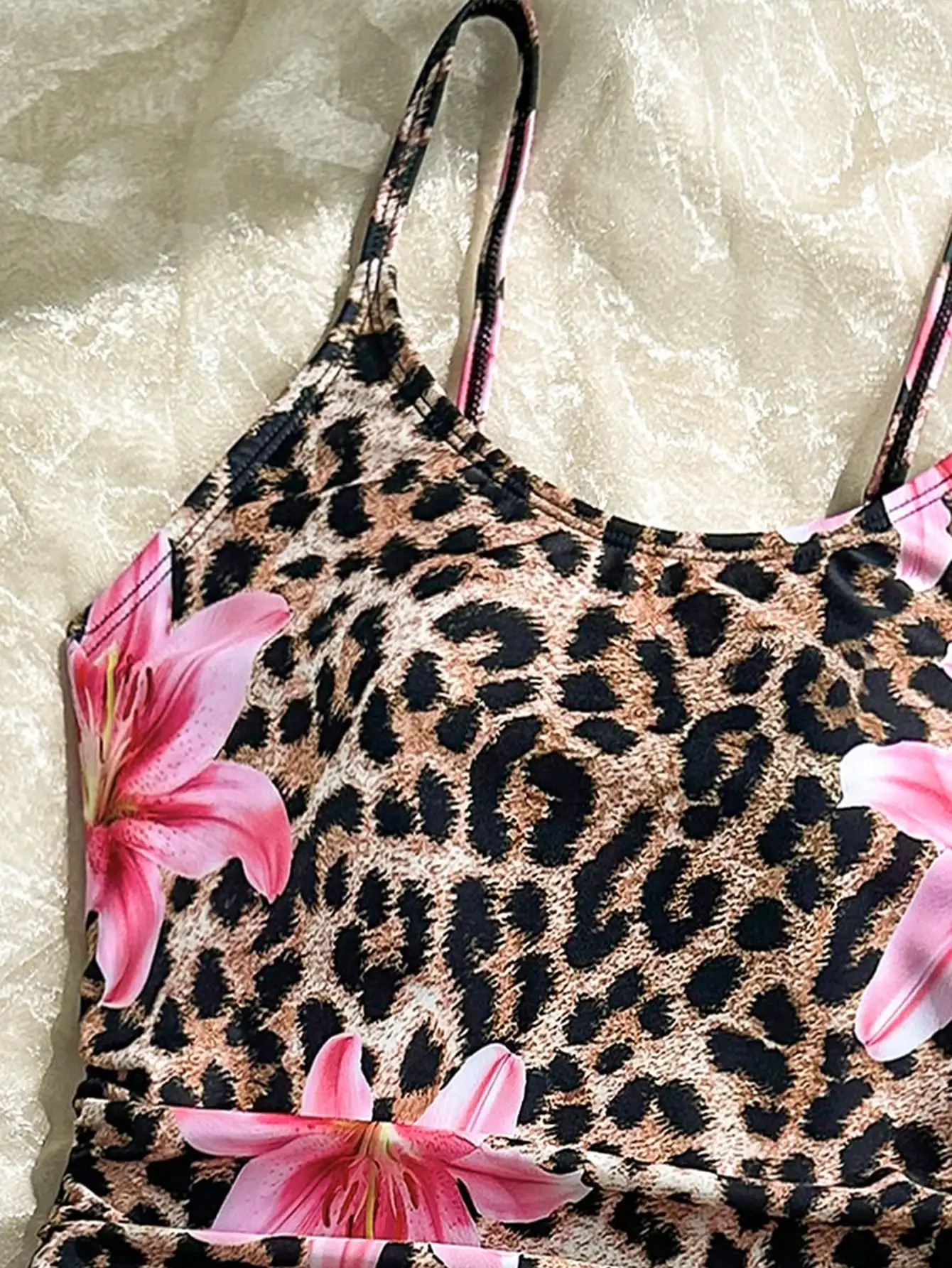 

Leopard Print Floral One Piece Swimsuit With Pink Cover Up Skirt Set