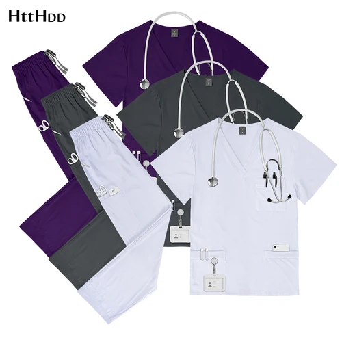 Imagen 1 del producto Uniformes de enfermera elásticos de secado rápido para médico y enfermeras, conjuntos de uniformes de Hospital para mascotas, Top de manga corta, pantalones rectos, trajes de fregado