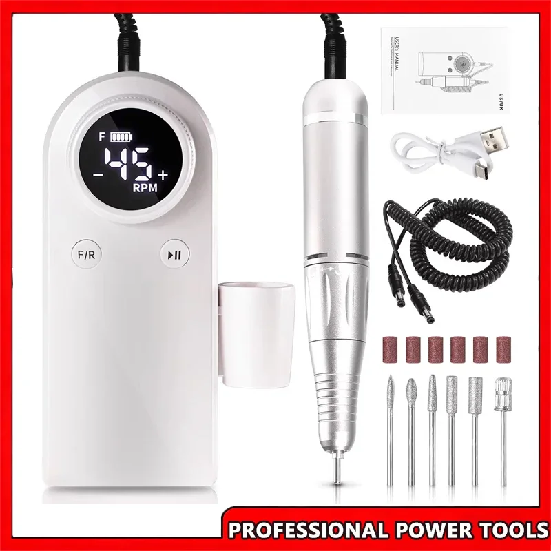 Trapano per unghie professionale 45000 giri/min Lima per unghie elettrica ricaricabile senza fili per rimozione lucidatura gel per unghie acriliche