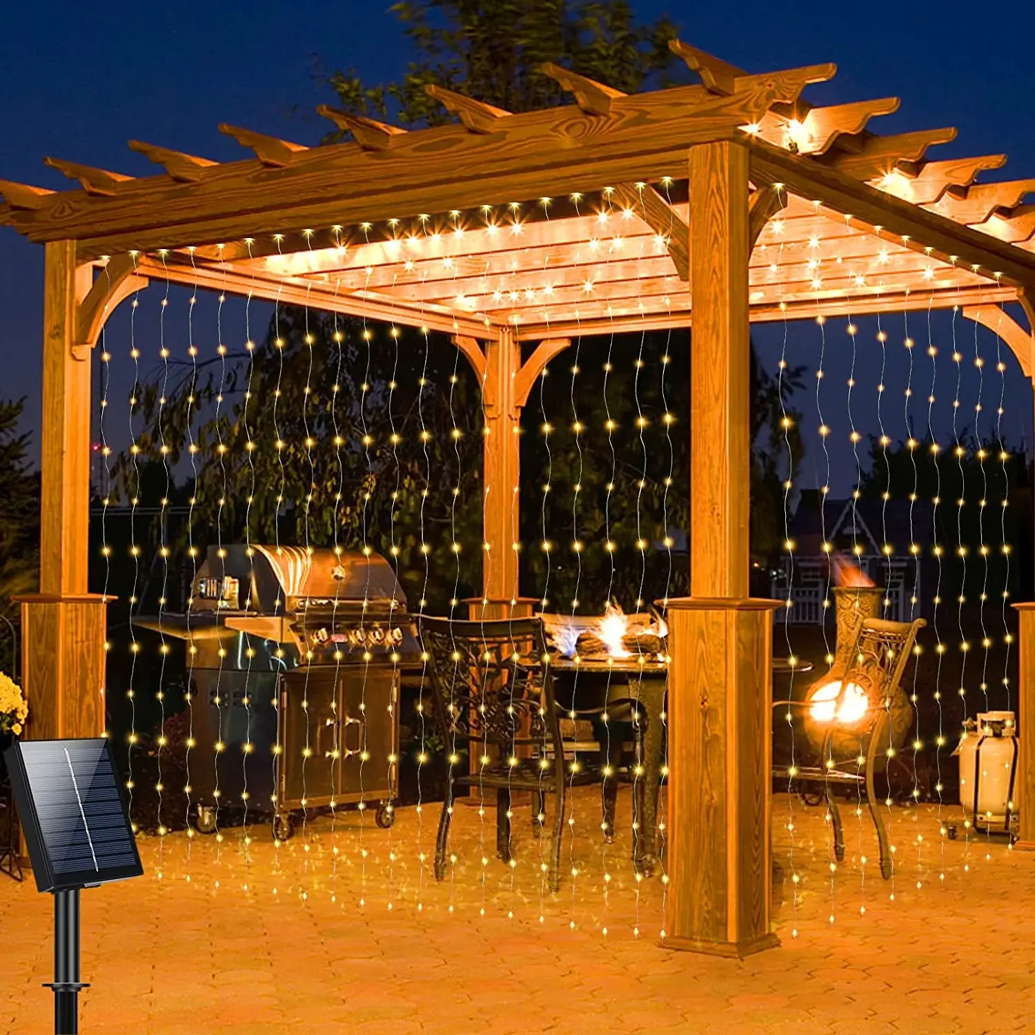 3M Outdoor Waterproof Solar Curtain Lights with 300 LED Fairy Garland String Lights for Yard Garden Pavilion Party Wedding