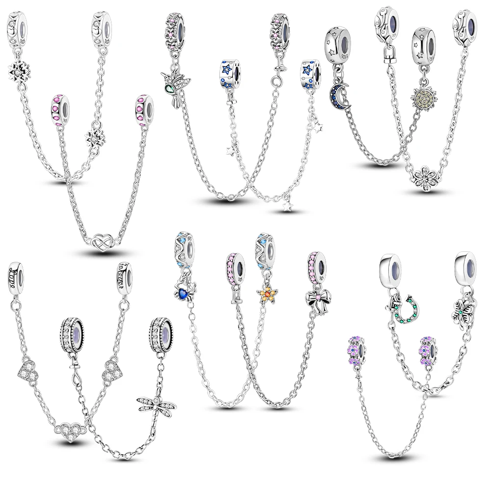 925 Sterling Silver Safety Chains Clasp Clip Charms Fit Original Bracelet Pendants Dangle DIY Jewelry For Woman