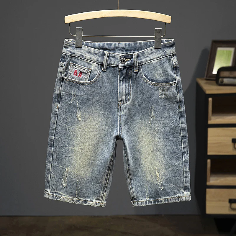 2024 Men Denim Shorts Jeans Summer Shorts Knee Length Pants Retro Blue Fashion Pockets Designer Slim Straight Vintage Cowboys