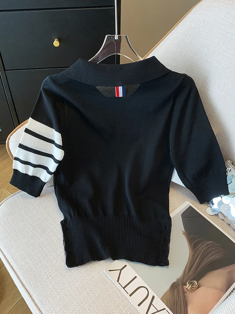 Black Short Sleeve T-shirt Women Knitted Tops Polo Neck Patchwork Summer Thin Knit Tshirts  Korean Fashion T Shirt Woman Clothes