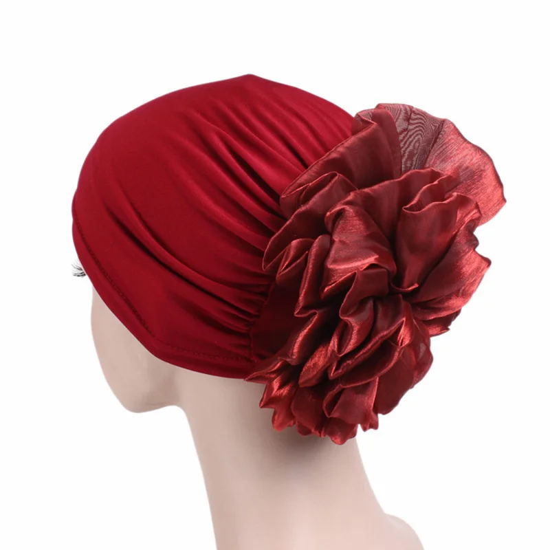 Fashion Muslim Women\'s Milk Silk Flower Turban Hijab Cap Elastic Cancer Chemo Hats For Hair Loss Head Scarf