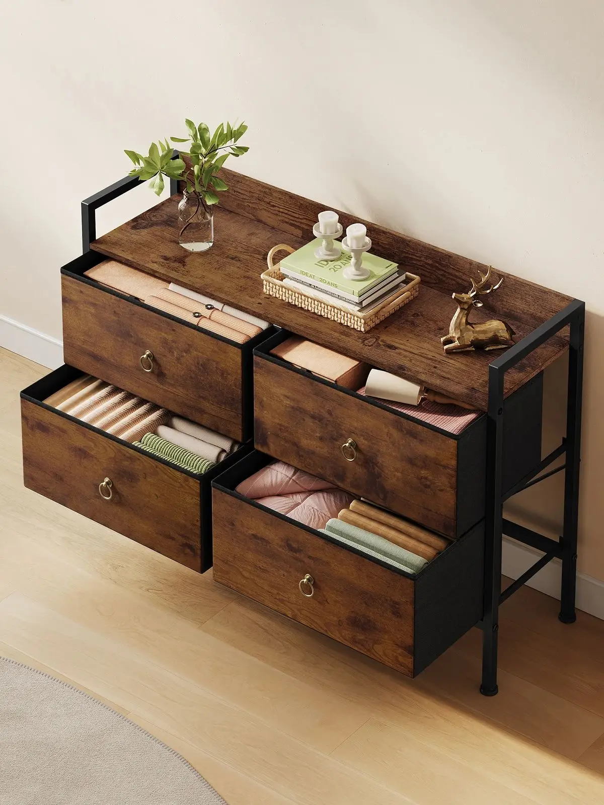 WOLTU Kommode, Kleiderschrank, 4 Stoffschubladen, Aufbewahrungsschrank, Sideboard für Schlafzimmer, Wohnzimmer, Vintage-braune Kommode