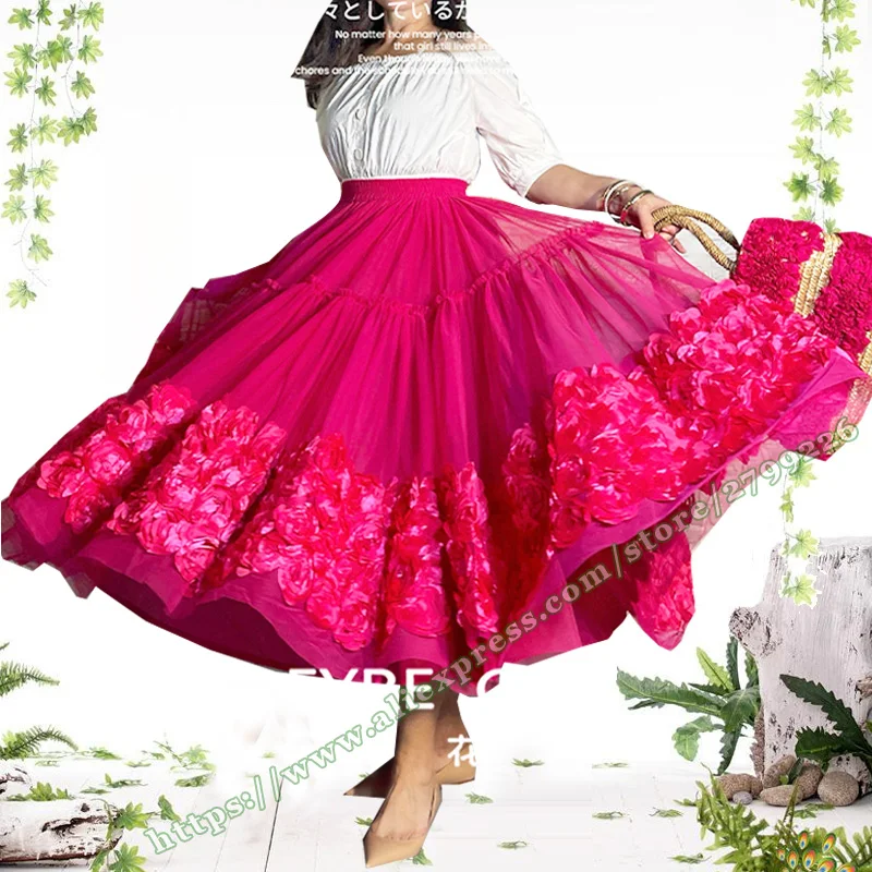 2025 Elegant fashion Designer French High Waist A-line mid length Womens mesh skirts large Big Hem  fluffy skirt midi skirt