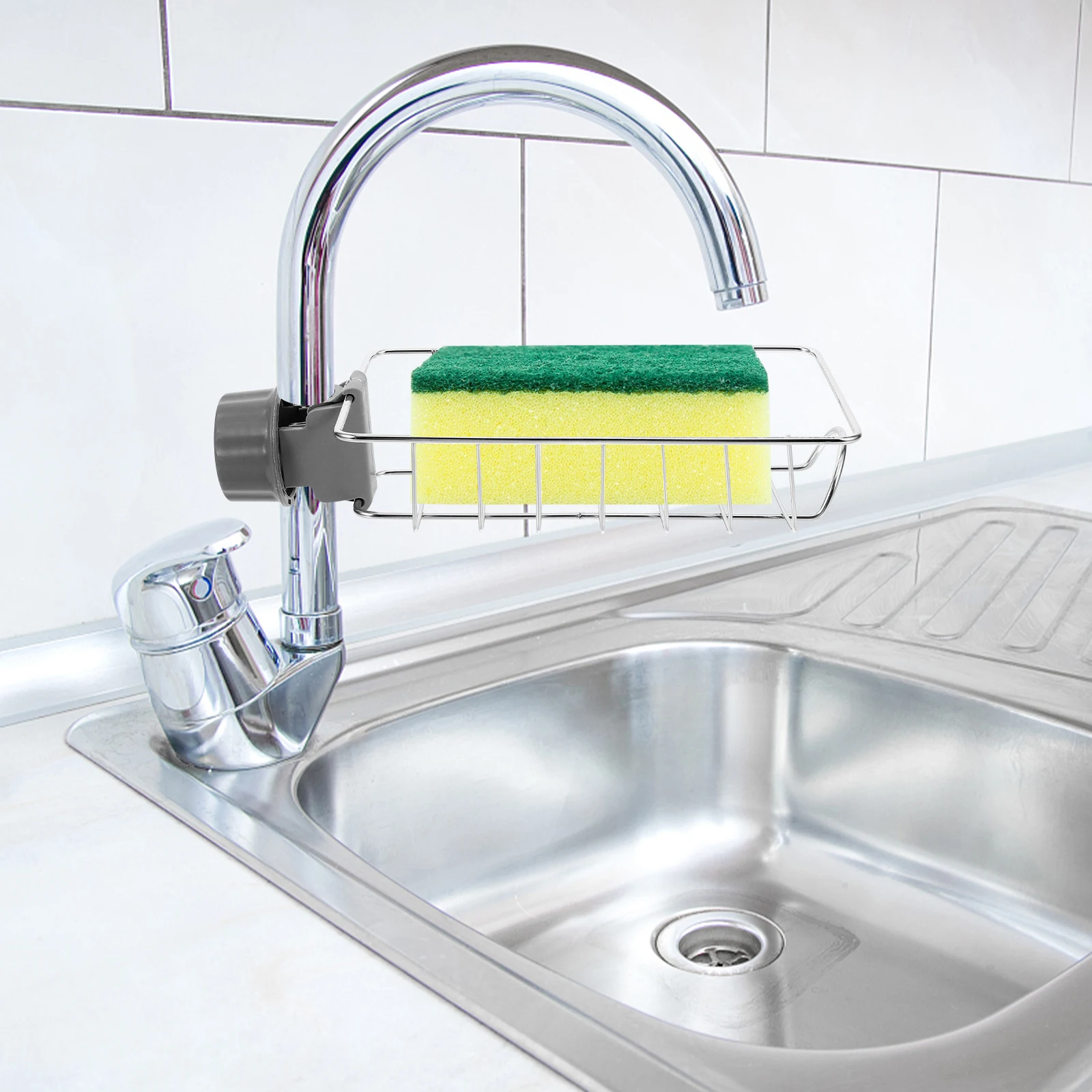 

Faucet Storage Rack Sponge Organizer Adjustable Holder No Punching Silver Sink Drainage Rack Kitchen Bath MultiPurpose Easy