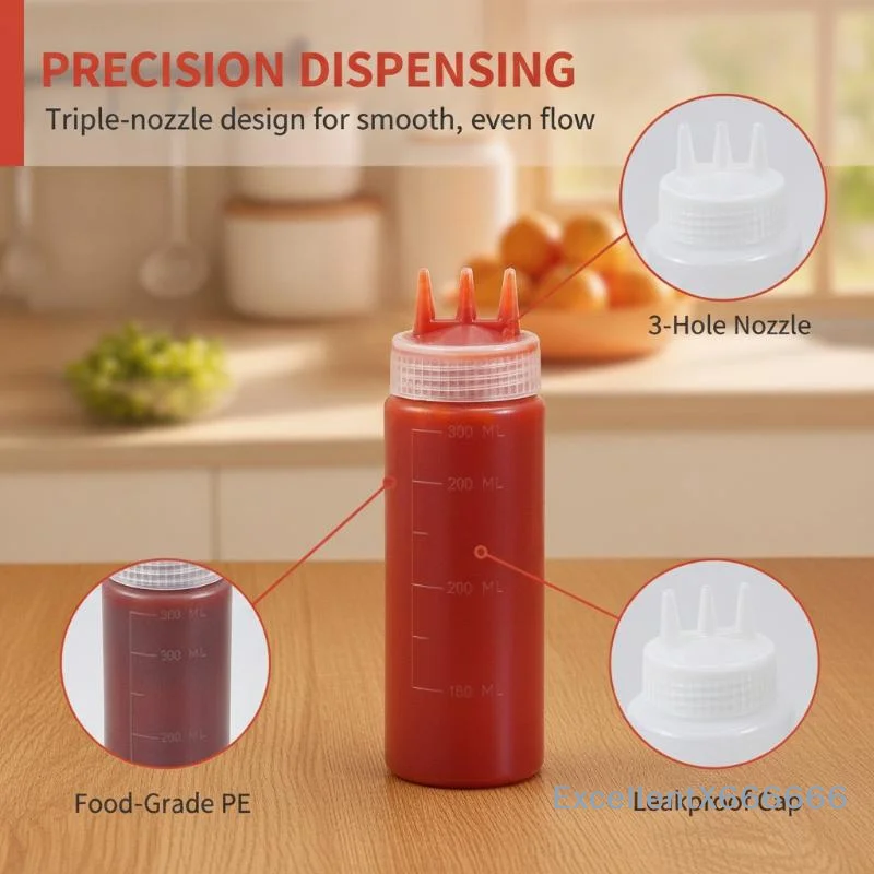 3-Hole Squeeze Condiment Dispenser Practical Kitchen Gadget with Clear Measuring Marks for Cooking Lover Gift