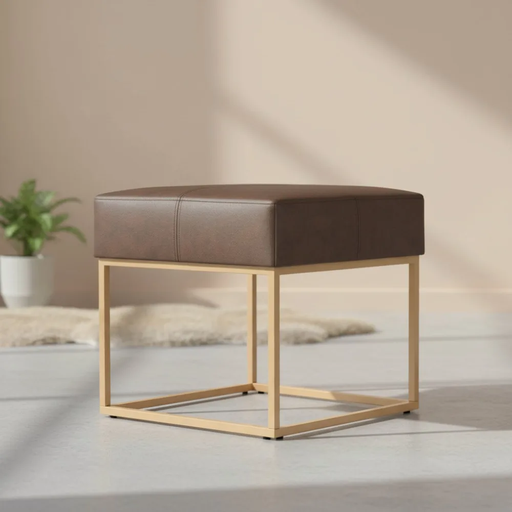 مقعد عثماني مربع ذهبي أنيق مع تنجيد من الجلد الصناعي لديكور غرفة المعيشة وغرفة النوم #1