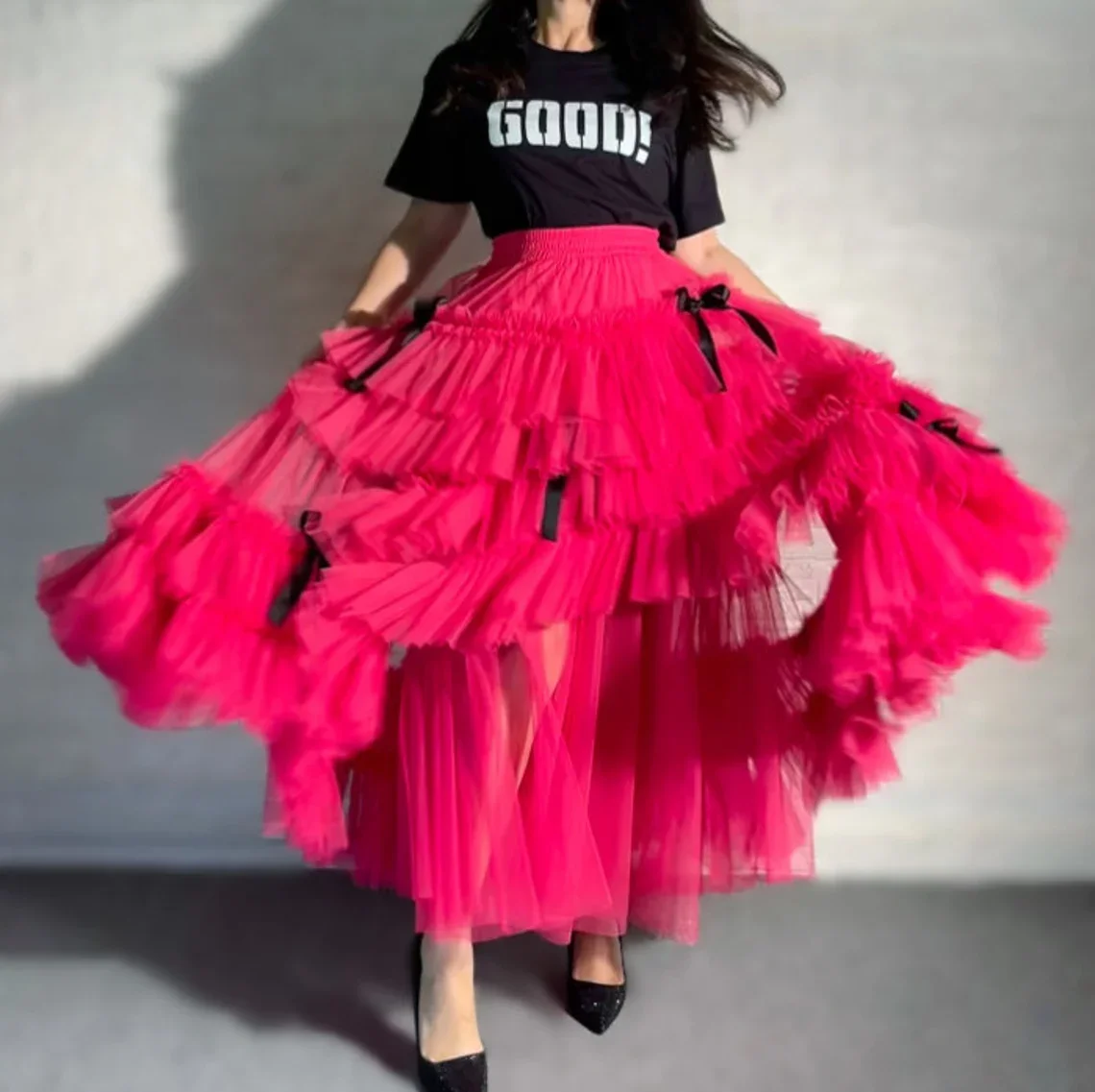 Cute Bow Ribbon Mesh Party Skirts Pretty Ruffles Tiered Tulle A Line Brithday Skirt Extra Puffy Mesh Long Women Skirts