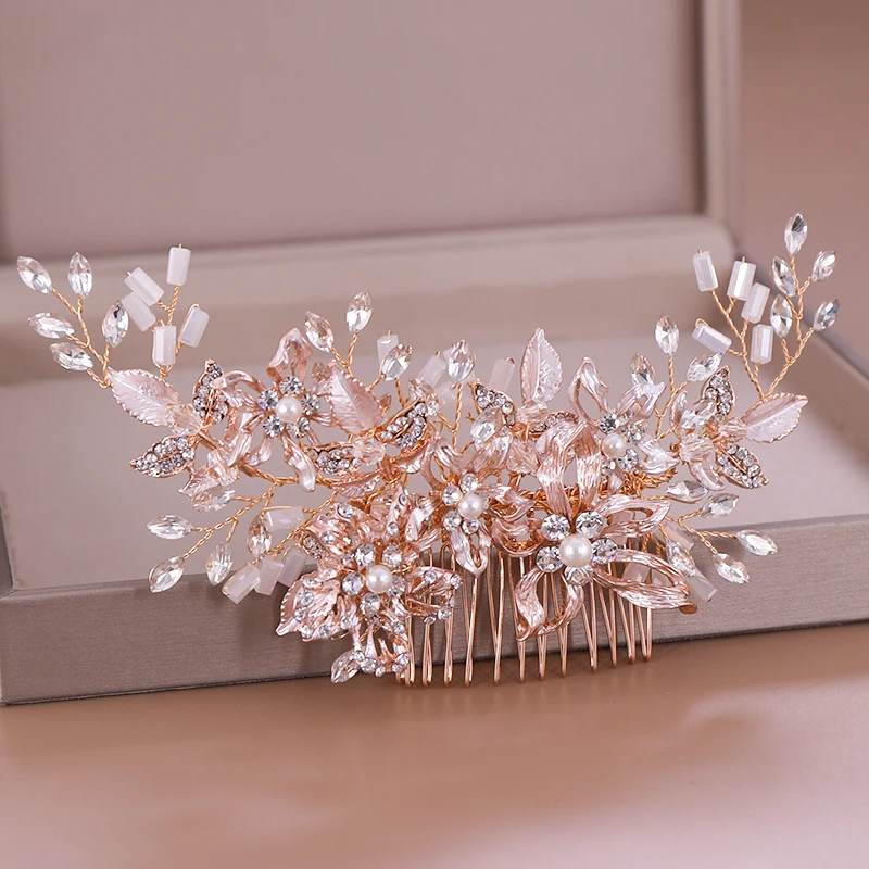 Modne różowe złoto Rhinestone ślubne grzebienie do włosów akcesoria do włosów dla nowożeńców kryształowa chluba ozdoby do włosów ślubna biżuteria do włosów — zdjęcie 5