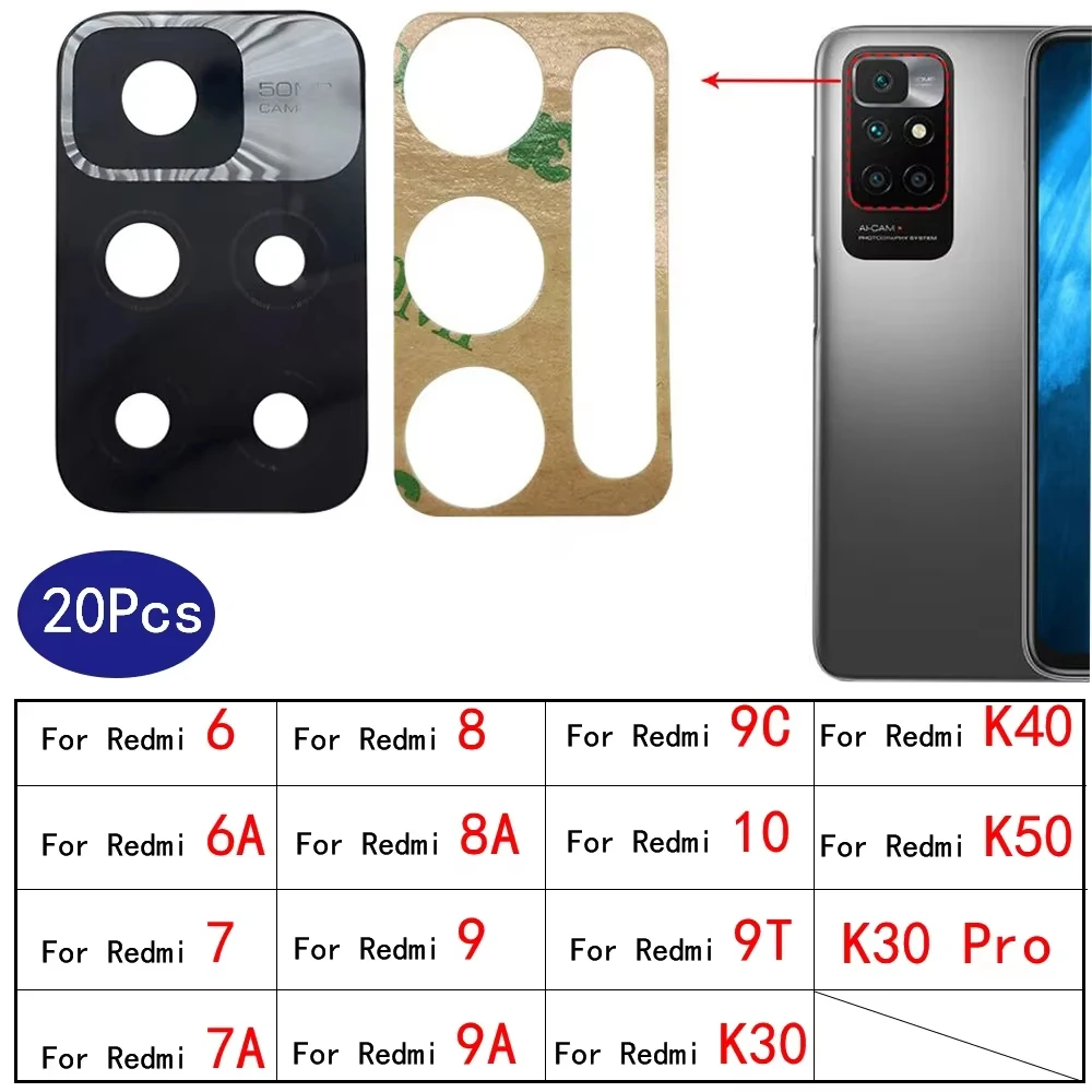 

20 шт., новая стеклянная линза задней камеры с клеем для Xiaomi Redmi 12C 6A 6 7 7A 8 8A 9 9A 9C 10 9T K40 12 Lite