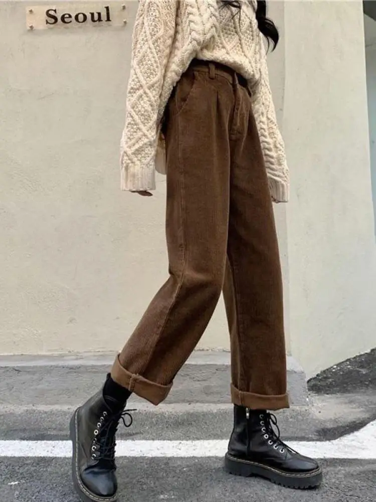 Vintage Corduroy Pants High Waist Spring Straight Trousers Causal Pockets All Match Female Black Korean Pants