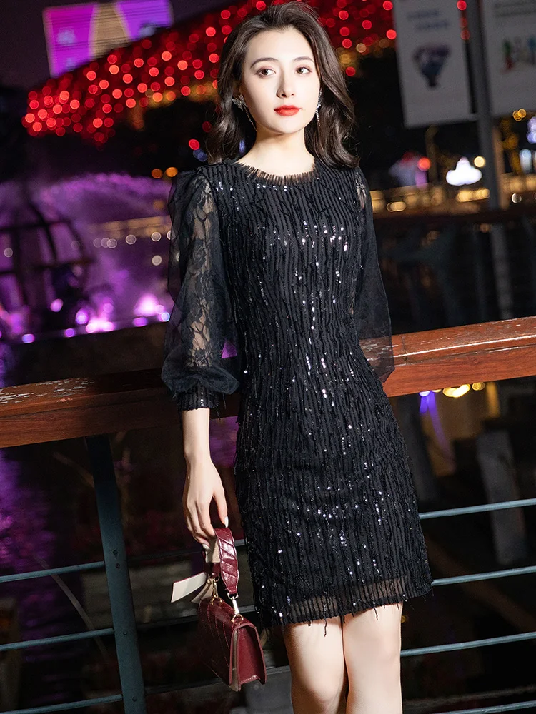 

Элегантное черное вечернее платье для женщин, корейский стиль, с пайетками, средней длины, с U-образным вырезом, для вечеринок