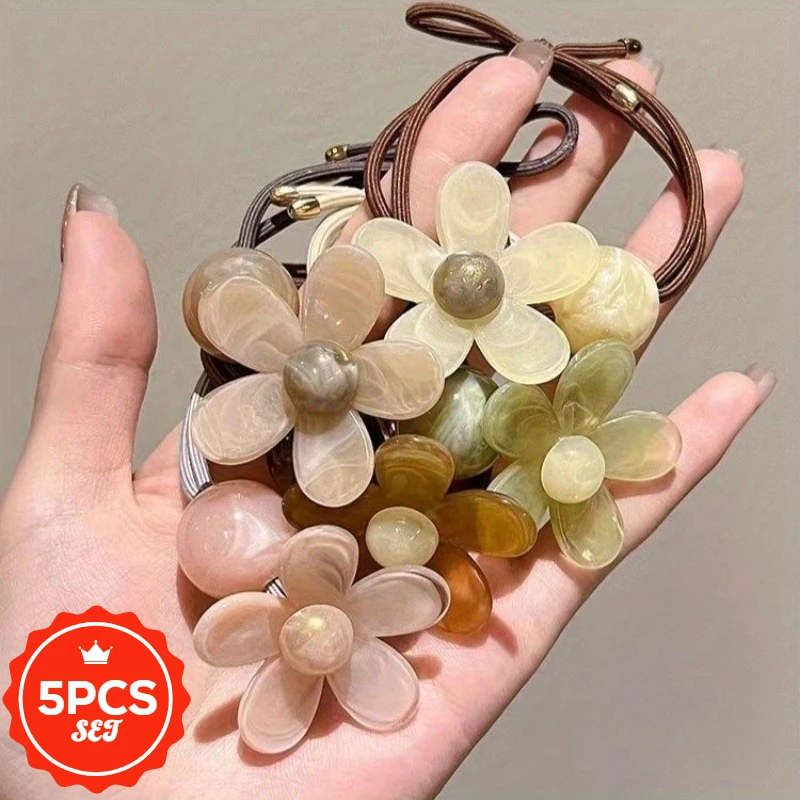 

5Pcs/set Fashionable High-end Flower Hair Tie Temperament Tied Hair Elastic Ponytail Rubber Band New Simple Headband Headwear