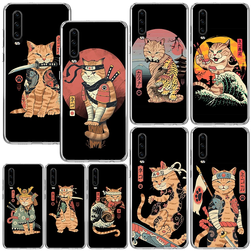 Ramen Sushi Samurai Tattoo Cat Phone Case For Huawei P30 P40 P20 P10 Lite Mate 20 10 Pro Y5 Y6 Y7 Y9S P Smart Z Fundas Back Cove