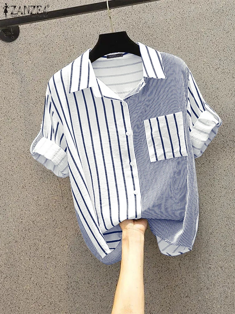 

ZANZEA Casual Striped Blouse Stylish Women Summer Shirt Fashion Lapel Neck 3/4 Sleeve Patchwork Blusas Female Loose Buttons Tops