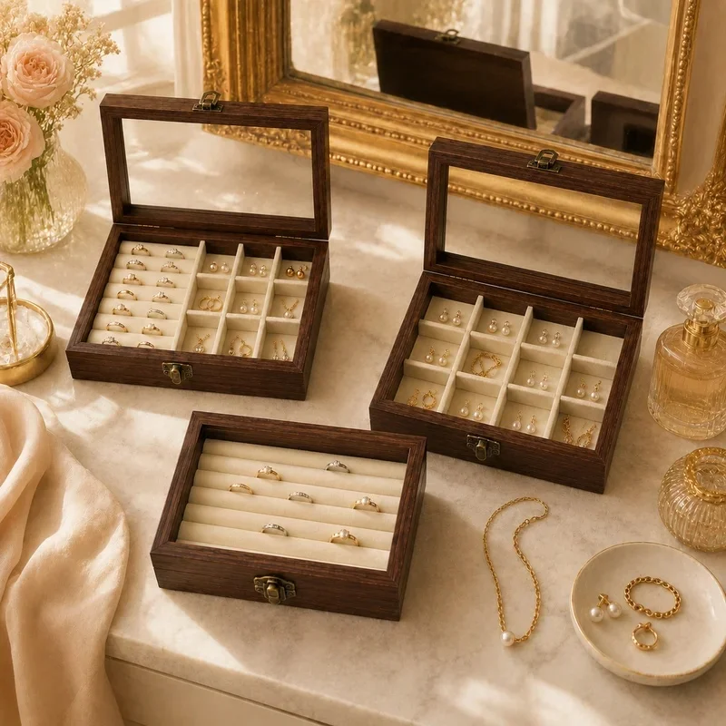 Walnut Pattern Velvet Jewelry Storage Box, Korean Style Hard Organizer for Ring, Necklace, Earring, Bedroom Decor