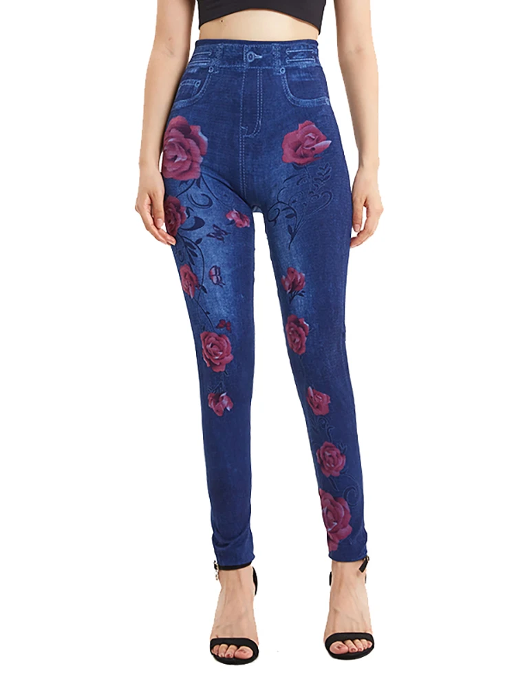 CUHAKCI Red Rose Floral Print Stretchy Fake Jeans Plus Size Women Pants Casual High Waist Leggings Denim Trouses S-3XL