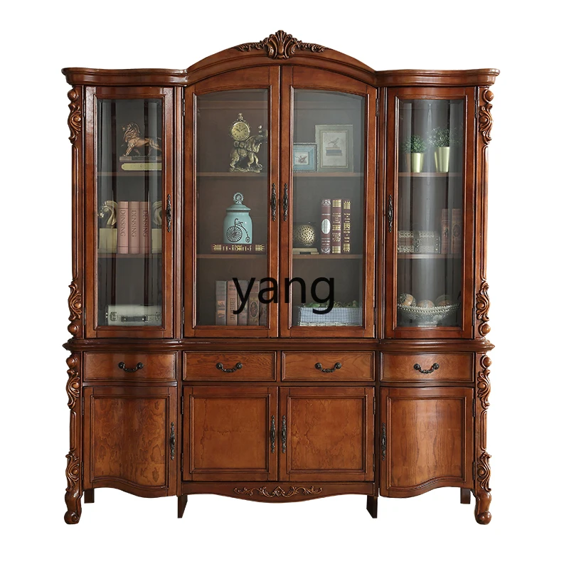 YJQ American solid wood carving flower four door glass cabinet boss office bookcase study storage