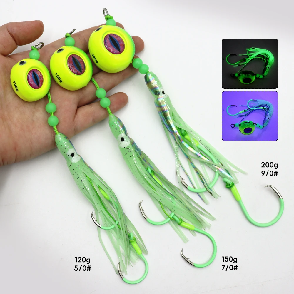 ZYZHE 1 Stück Meeresangel-Hybrid-JIG 120G 150G 200G mit leuchtendem Weichköder, Doppelringhaken, Bootsfischköder, Angelköder – Detail 6