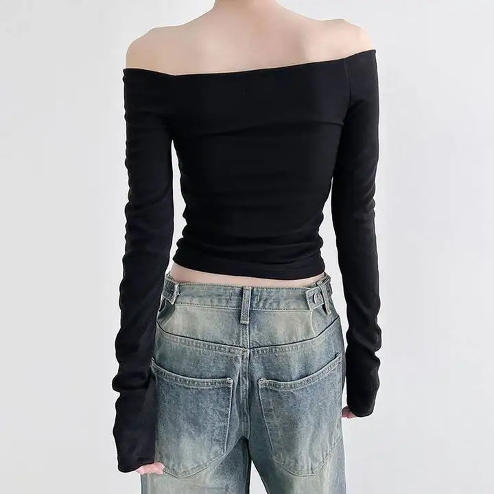 Lady New Tees Spring Sexy Crop Top Off Shoulder Slim Solid T-shirts Long Sleeves Streetwear Pullover Asymmetrical T-shirts Women