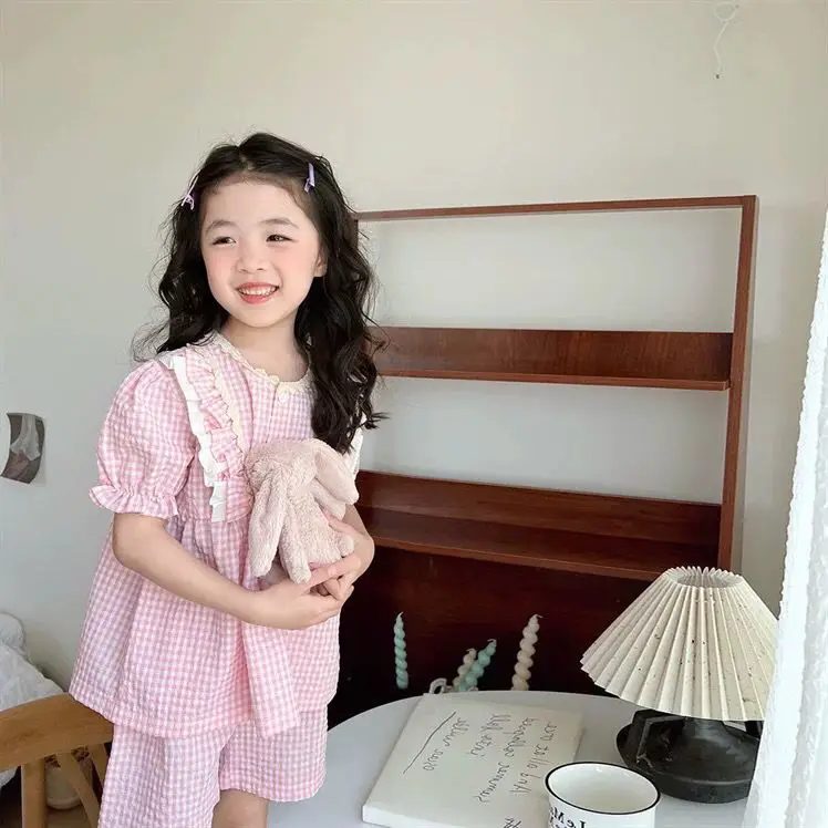 

Girls Summer Pajama Set Korean Home Clothing Short Sleeved Shorts Pink Plaid Lace Cute and Gentle Trend Pijamas