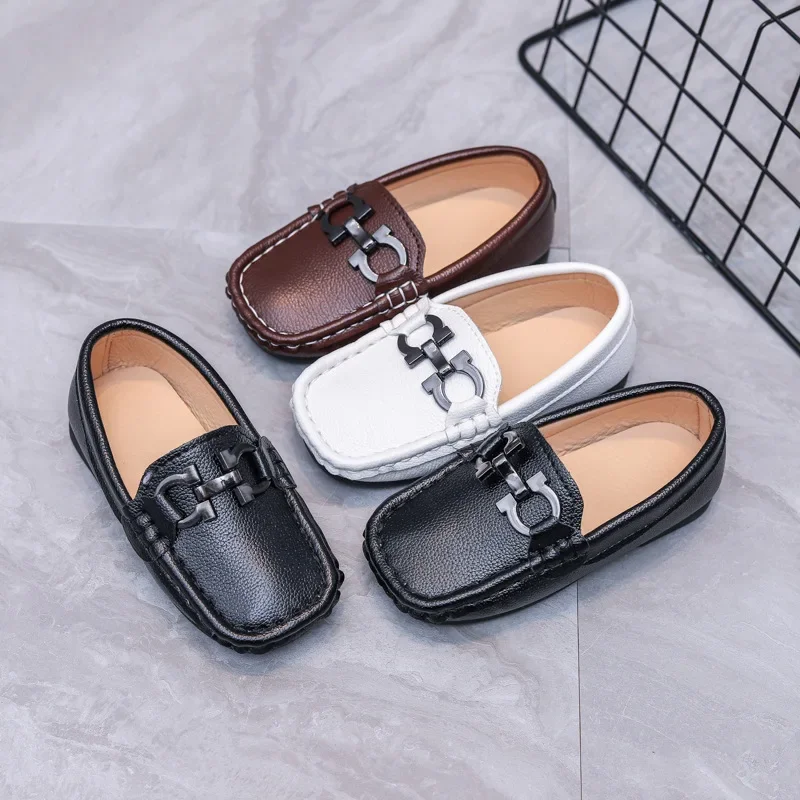 Boys Leather Shoes Black White for School Party Wedding Formal Casual Children Flats Loafers Kids Slip-ons Moccasins Soft 21-30