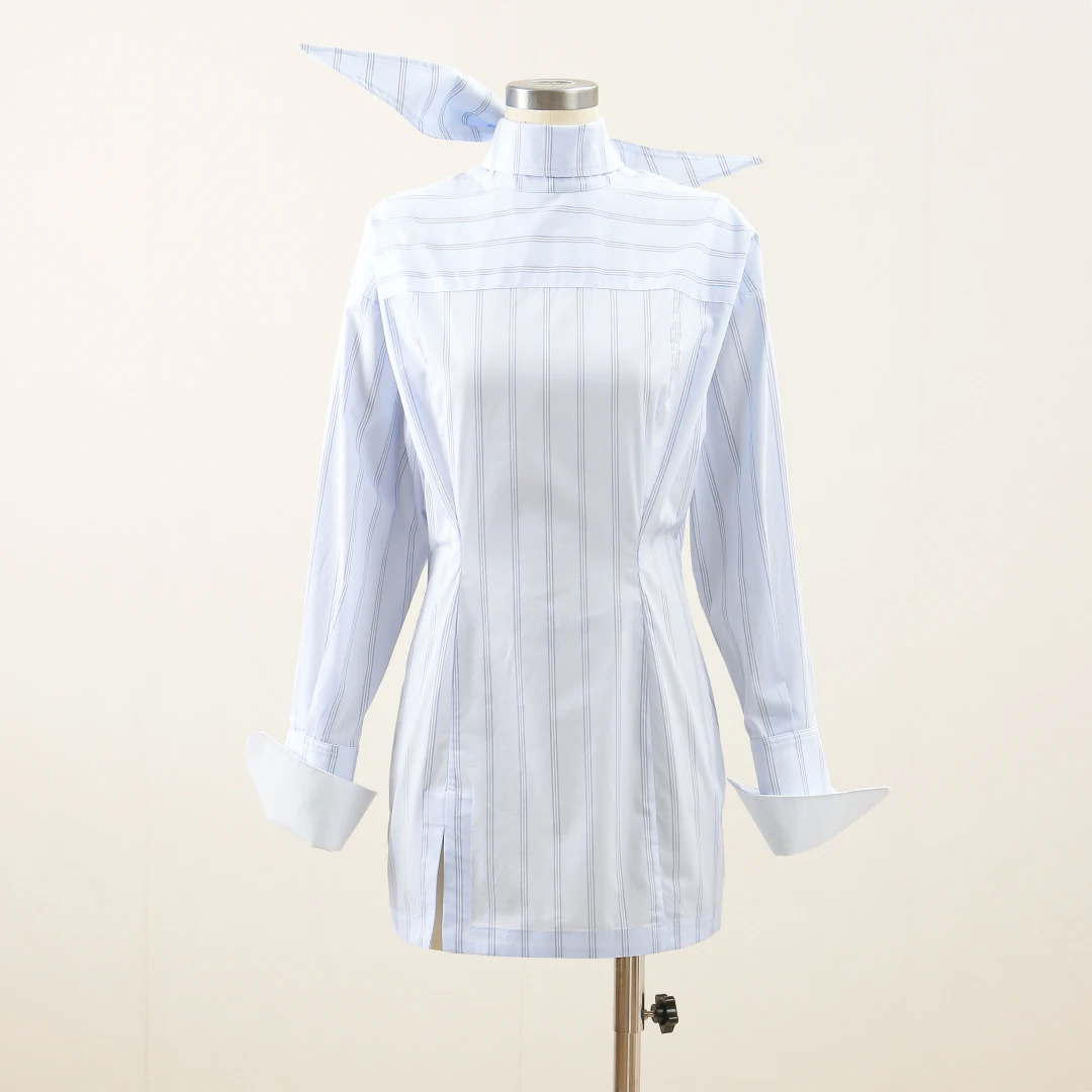 Robe chemise à rayures bleues, tempérament élégant, nœud papillon, ceinture flottante, taille haute, Slim, manches longues, pour femmes, nouvelle collection automne 2025