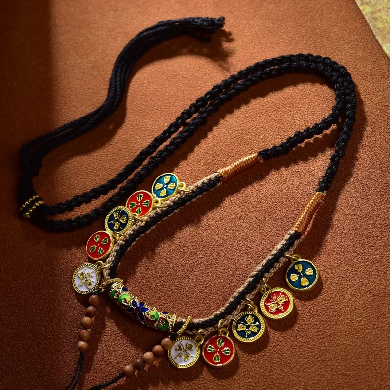 Tibetan Style Hand-Knitted Rope Five Gods of Wealth Thangka Pendant Rope Beeswax Necklace Rope Amulet High-End Lanyard Ethnic St