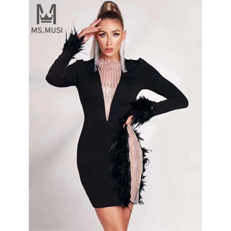 

MSMUSI 2024 New Fashion Women Sexy Black Feather Sequins Lace Mesh Long Sleeve Bandage Bodycon Party Club Event Slim Mini Dress