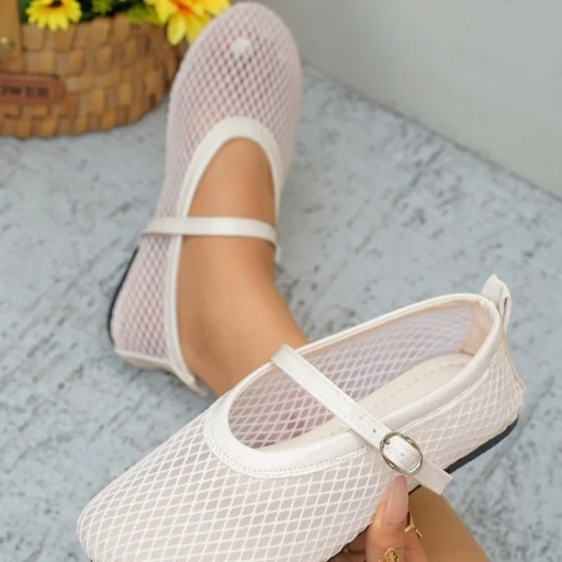 

Mesh One Buckle Strap Women's Shallow Mouth Flats Cutout Single Shoes