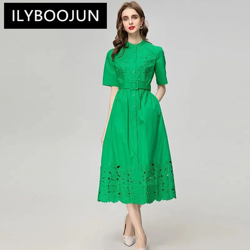 

ILYBOOJUN New Fashion 2024 Long Dressess Stand-up Collar Belt Green Single-Breasted Summer Short-Sleeved Hollow Out Dress