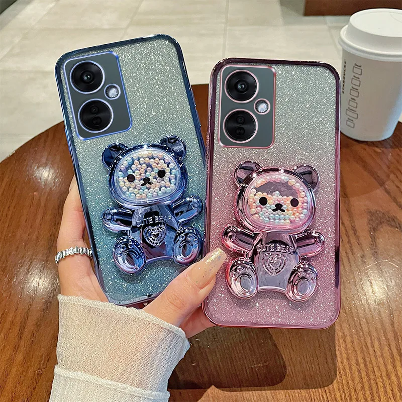 For OnePlus Nord CE 3 Lite 5G Case Soft Silicone Bling Shockproof Electroplated TPU Cell Phone Casing Back Cover Cute Bear Stand