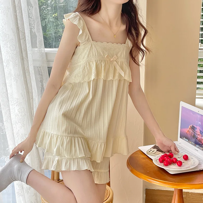 夏綿レーストリムナイトガウン女性の甘いプリンセススタイルパジャマ V ネックノースリーブロングドレスホーム服 1