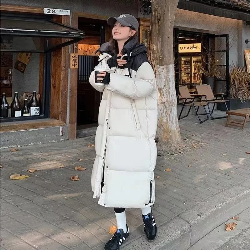 2025 New Chinese Korean Color blocked Cotton Jacket For Women Long Style Thickened Over The Knee Cotton Jacket Loose Cotton Coat
