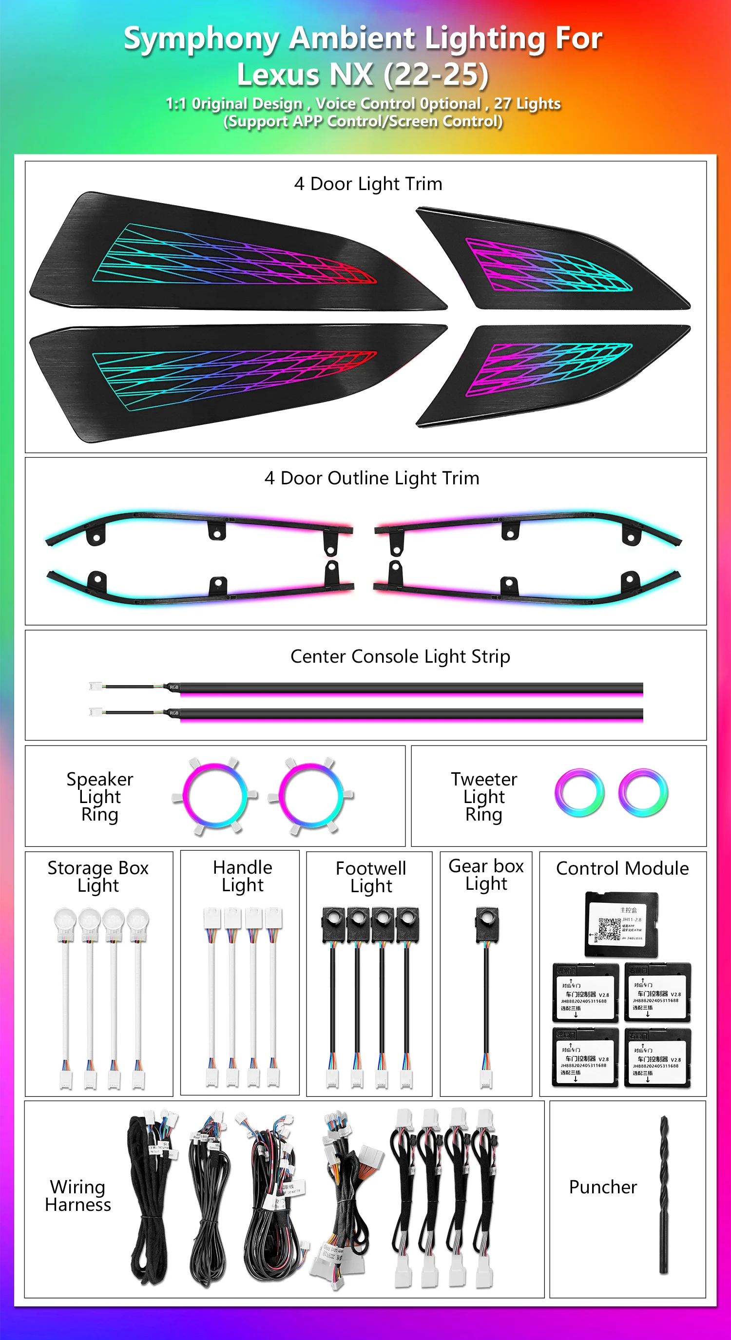 64-Color Ambient Light for Lexus NX 250 350 350H 2022-2025 Automotive Interior LED Lighting Upgrade Kit Accessories