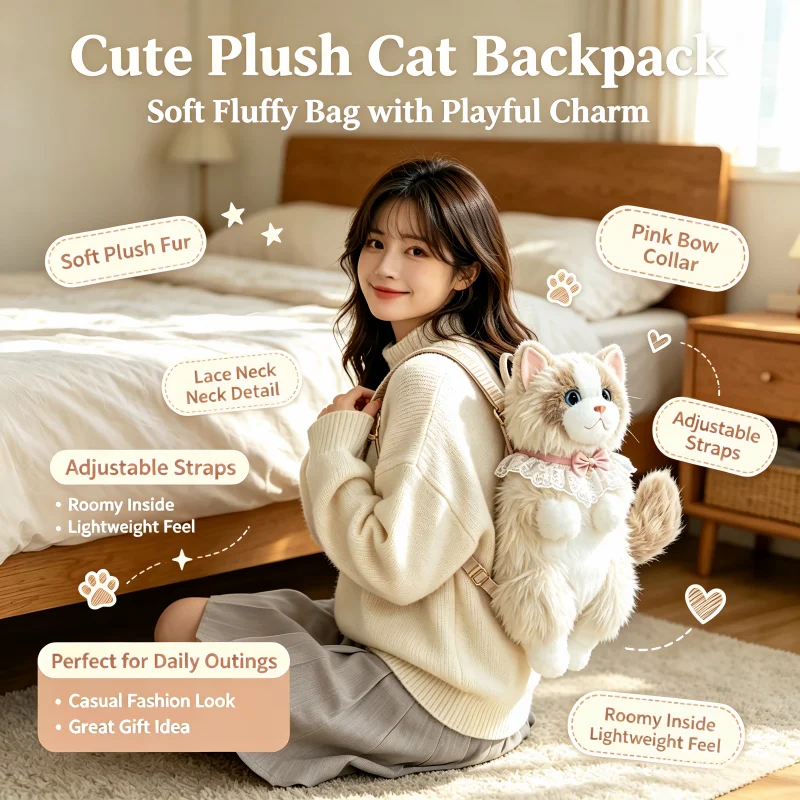 Cute Simulated Cat Designer Backpack Women Kawaii Soft Plush Trendy Backpack Purse for Woman School Bag Gift for Girls