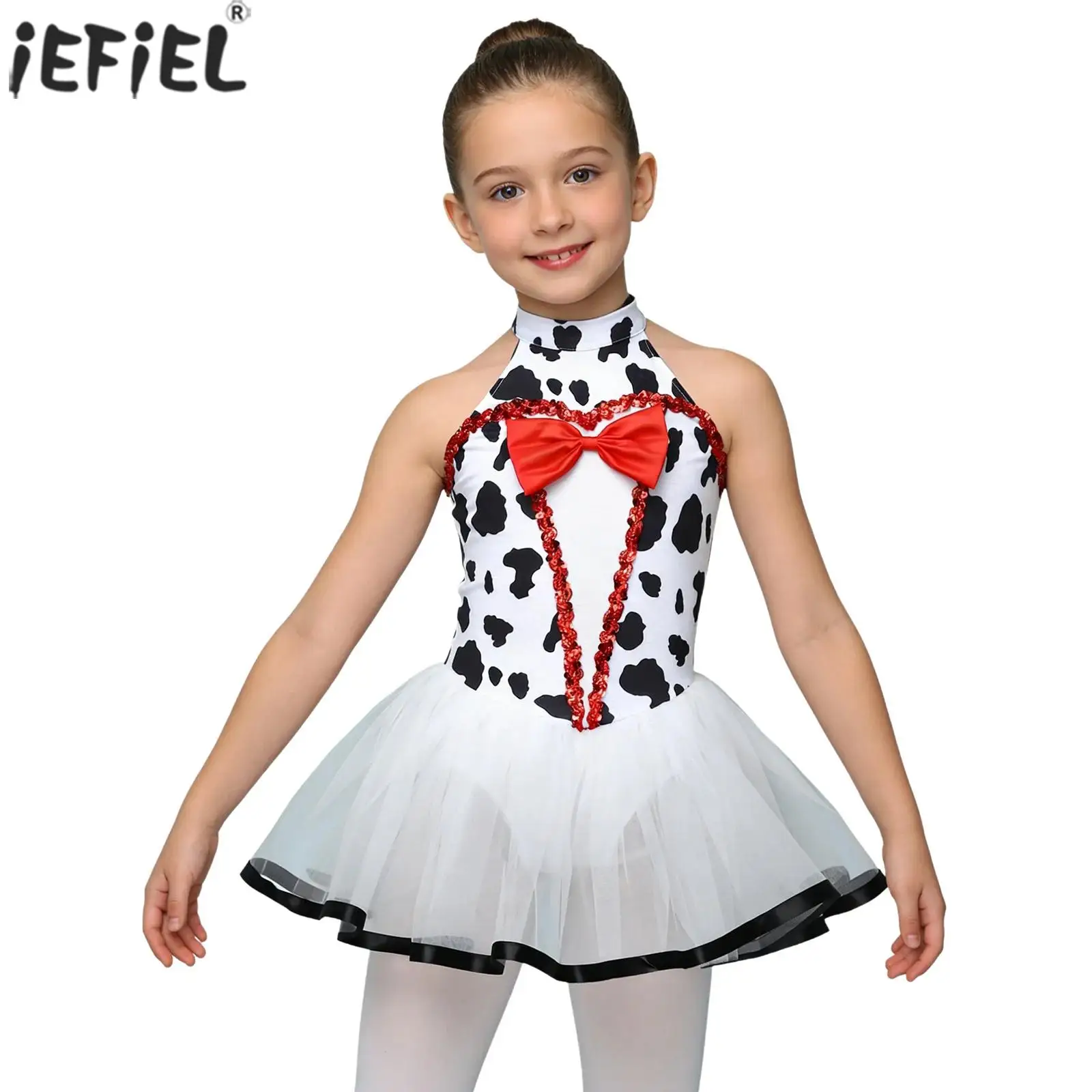 

Детский костюм далматинца для девочек: платье без рукавов с пайетками, бантом и сетчатыми вставками, пышное, для балета, танцев, фигурного катания, гимнастики, купальник-леотард