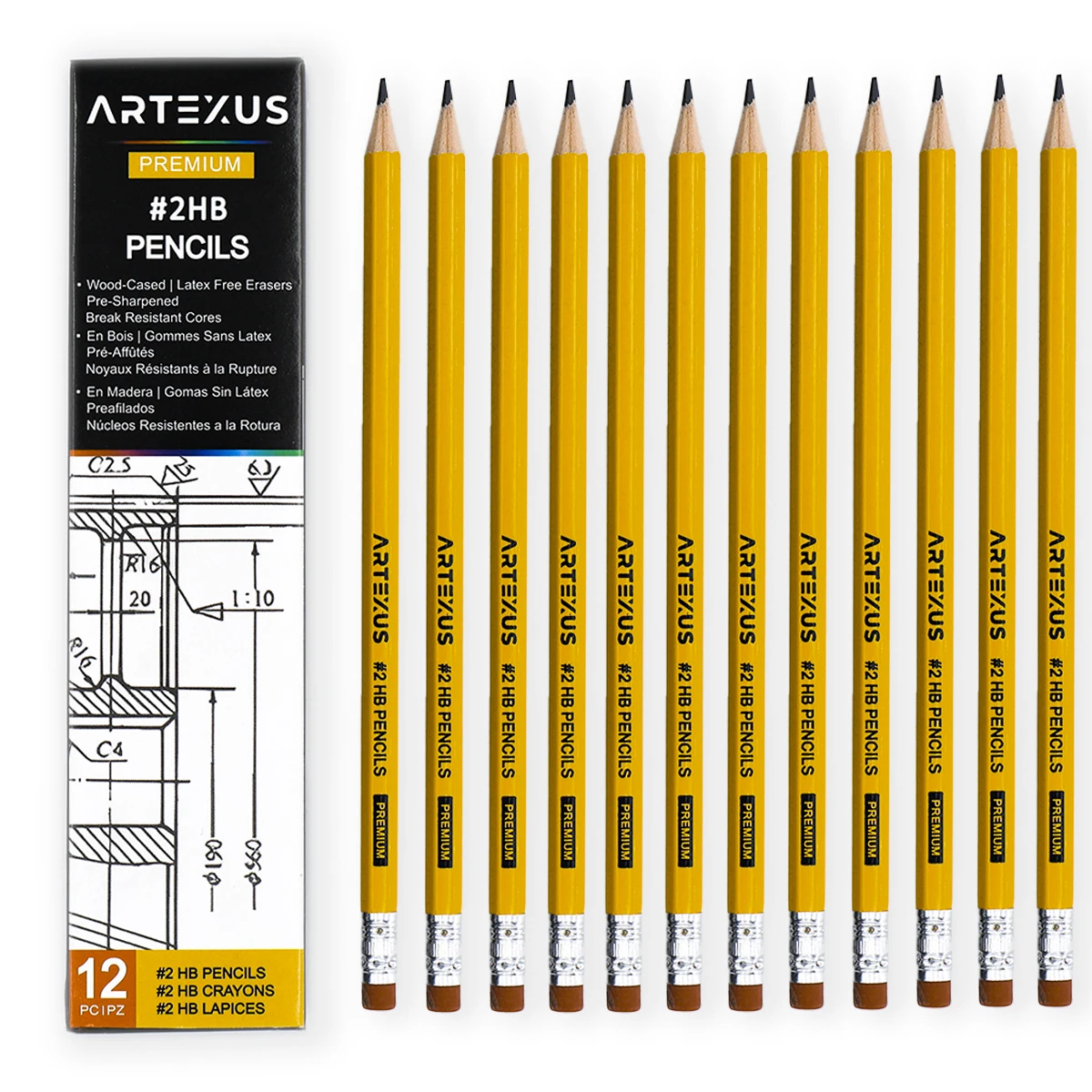 artexus pencils hb pack of 12 wood cased graphite pencils in bulk pre sharpened pencils office school supplies 01