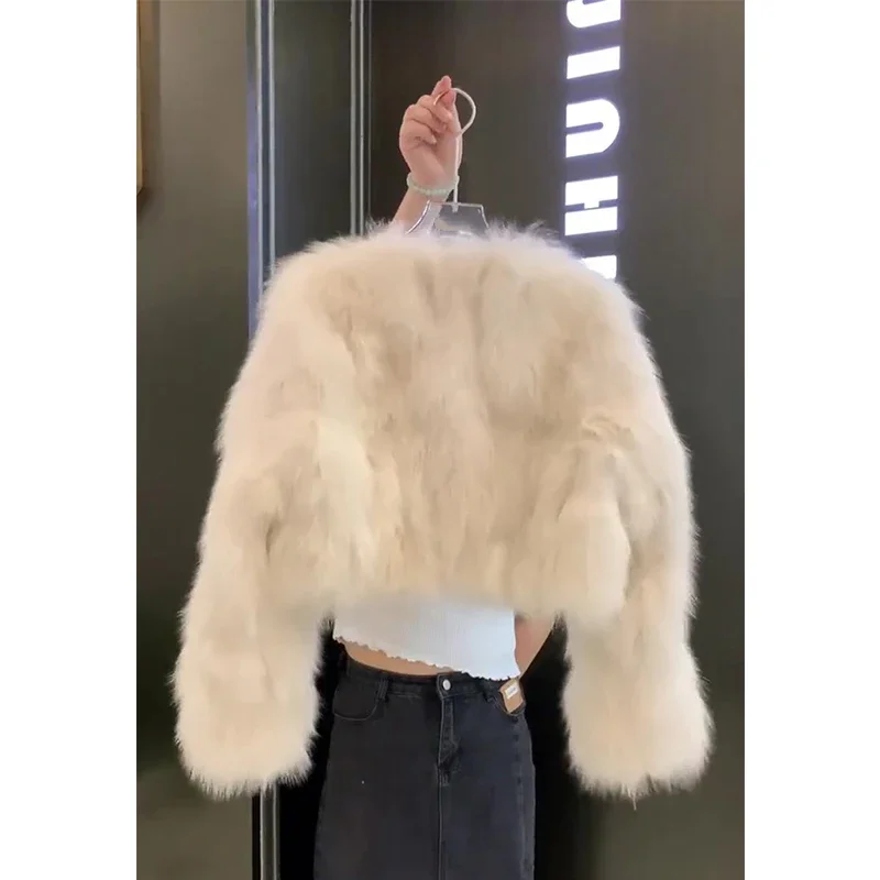 

Korean Fashion Cropped Faux Fur Coat Women Autumn New V Neck Fluffy Jacket Casual Long Sleeve Thicken Warm Female Coat