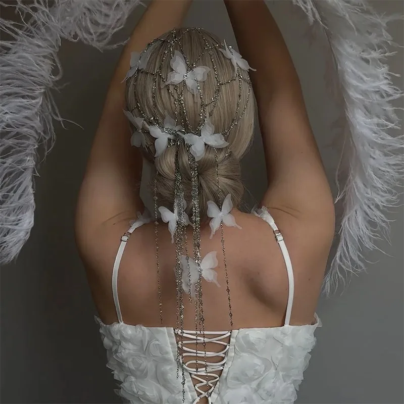 White yarn butterfly rhinestone pendant, fringed headband, fairy bride princess temperament hair accessories