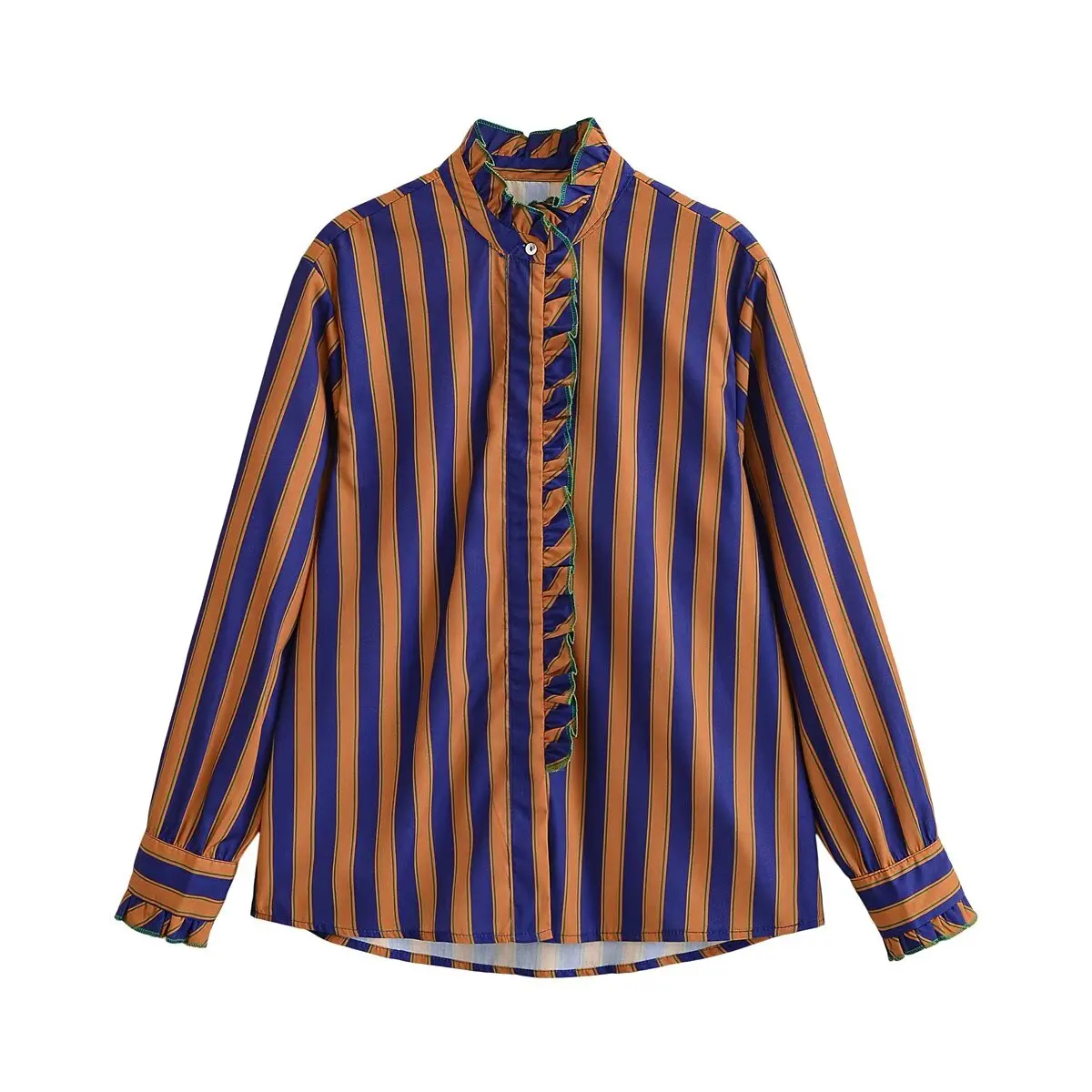 Women Vintage Color Block Vertical Stripe Ruffle Stand Collar Blouse, Loose Long Sleeve Top
