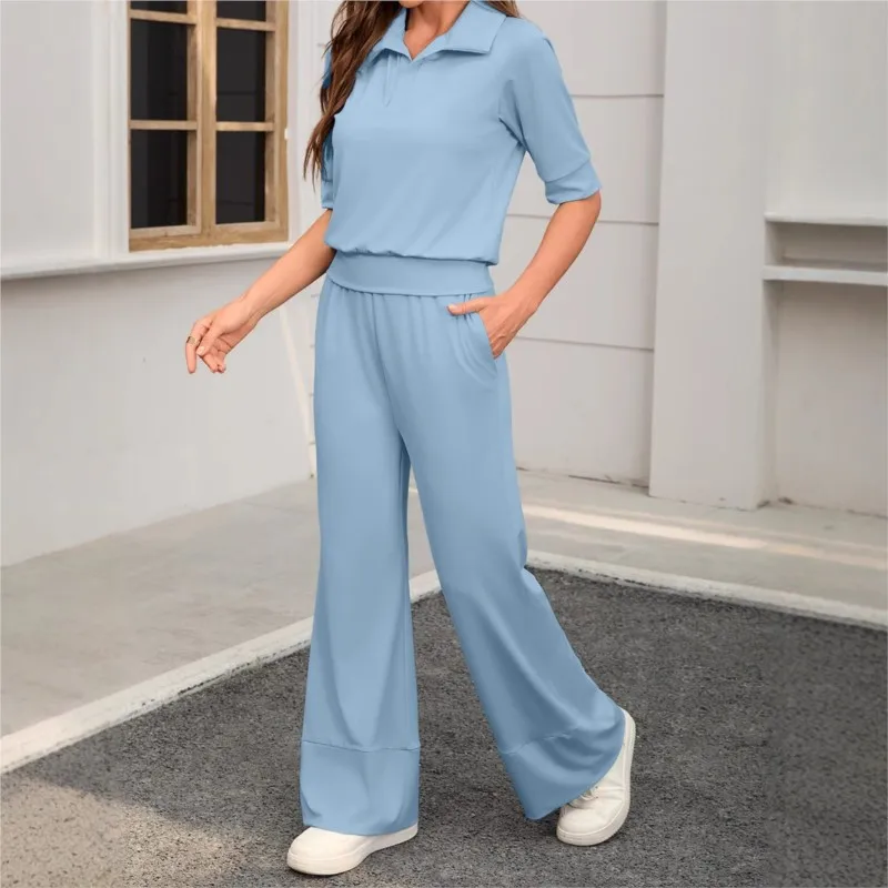 

Lapel Mid-sleeve Solid Color Loose Pullover Top High Waist Pocket Wide Leg Trousers 2-piece Set Womens Daily Walking Sports Suit
