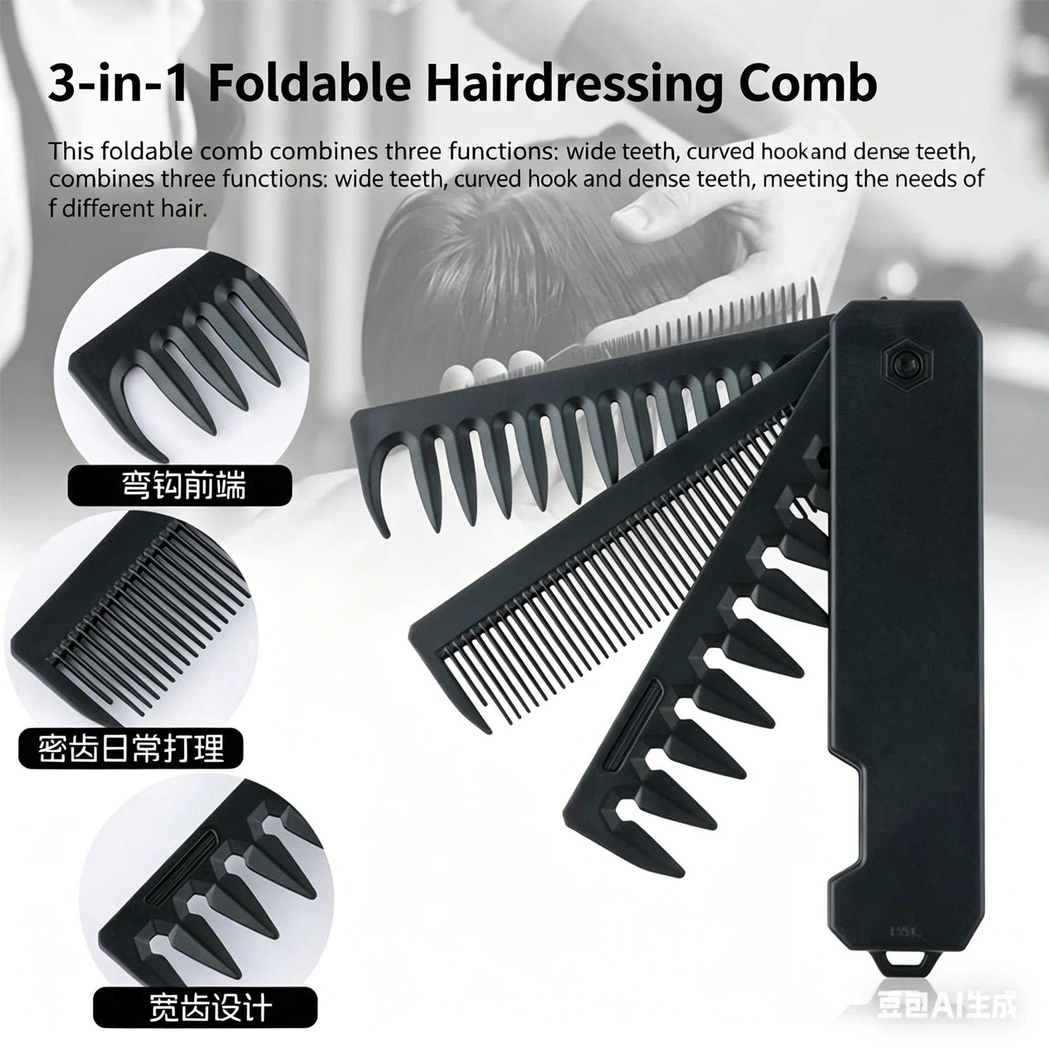 Professional 3 in 1 Pocket Folding Combs Wide Tooth Oil Head Comb Beard Combing Barber Hair Clipper Comb Salon Hair Styling Tool