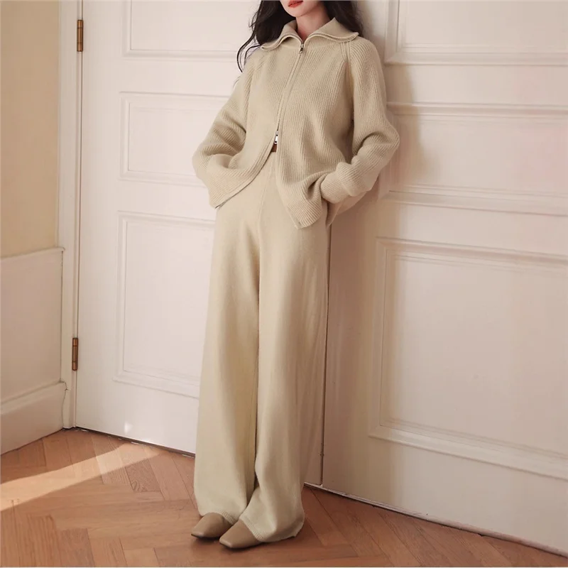 Women's New Autumn Winter Collared  Zip Ribbed Knit 2-Piece Set Oversized Wide Leg Pants Fashion Sweater Suit